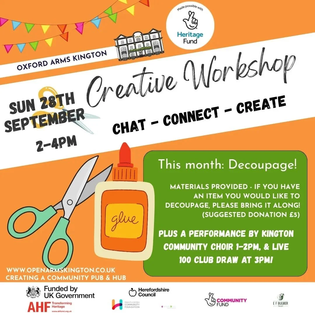Creative Workshop, Kington Community Choir and Lockdown Dhaba food - it's all happening this Sunday 28th Sep at The Oxford Arms 👨&zwj;🎨👩&zwj;🎤🎶🍛🇮🇳🍺

Bar open 1-5pm
Lockdown Dhaba food from 1pm 

Kington Community choir will be performing fro