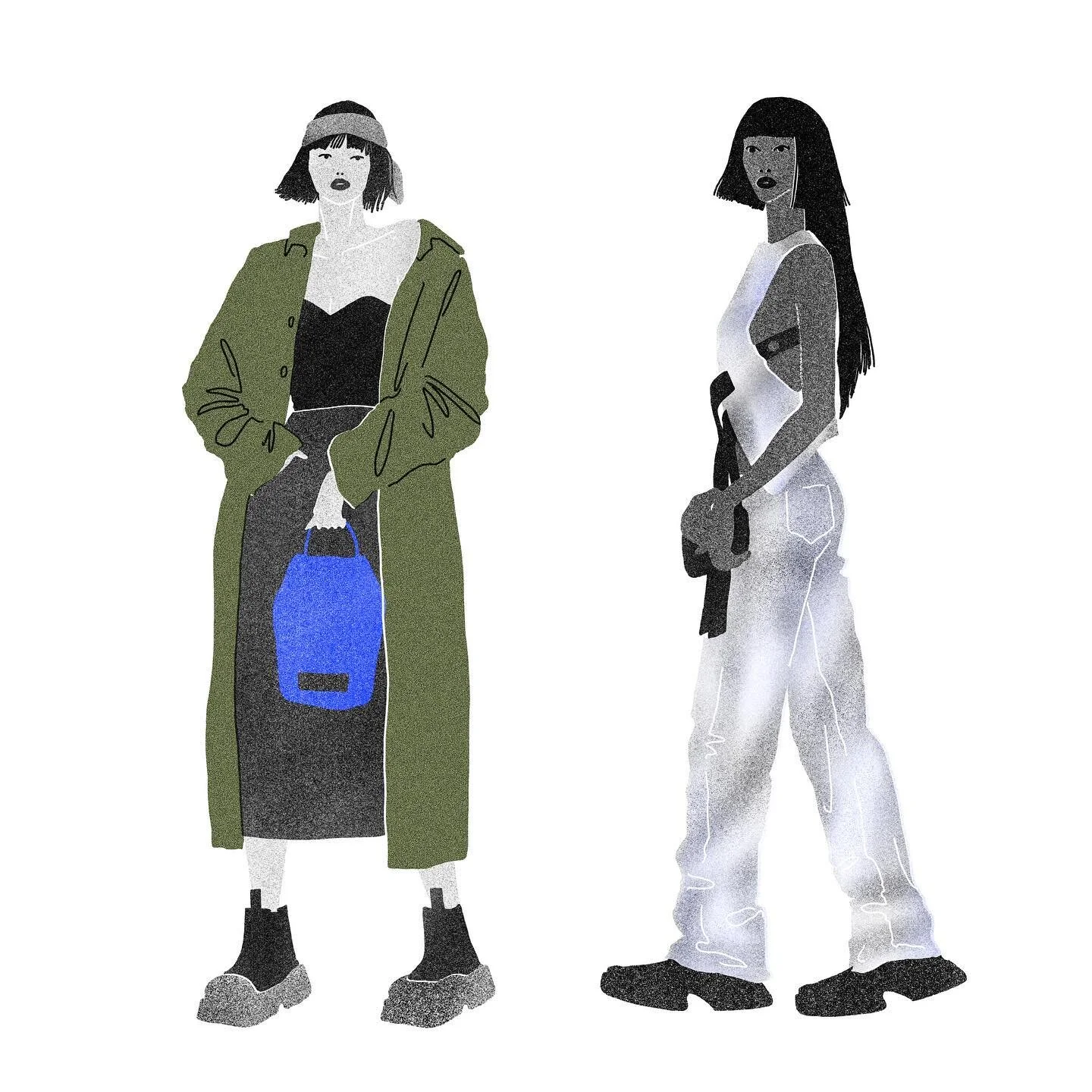 I am getting back to fashion drawing after a while ! I felt like drawing people for once, and I this is the best exercise to develop my way of representing bodies and clothes !
The first one is based on @gq_korea  picture of @hyunah_aa wearing @maiso