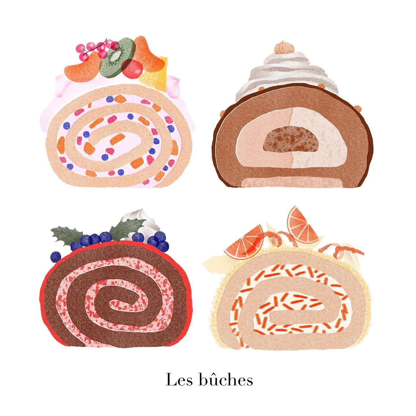 Les Bûches de Noël 4/8 
For future Christmas cards ! 
Which is you favorite flavored ? That might inspire me for the next 4!
.
.
#buches #christmascake #christmasfood #christmasillustration #drawing #procreate