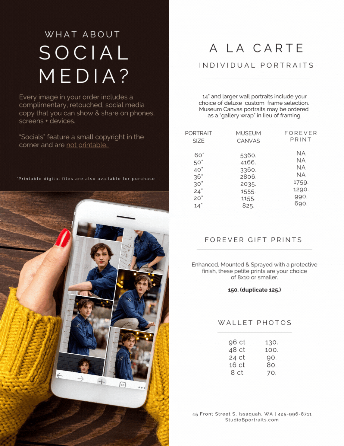 A flyer advertising custom portrait printing services, showing a person holding a smartphone displaying photo prints, with text detailing options for wall portraits, gift prints, and wallet photos, along with pricing and size information.