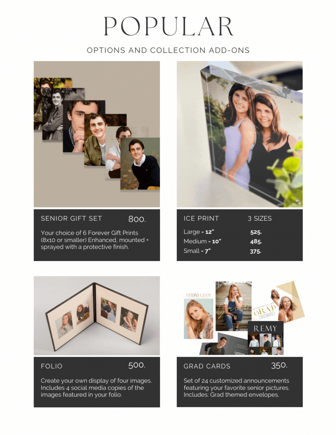 A catalog page showcasing popular photo and print options for senior pictures. It includes a senior gift set with six printed photos, an ice print image in three sizes, a foldable display with four images, and customized graduation announcement cards