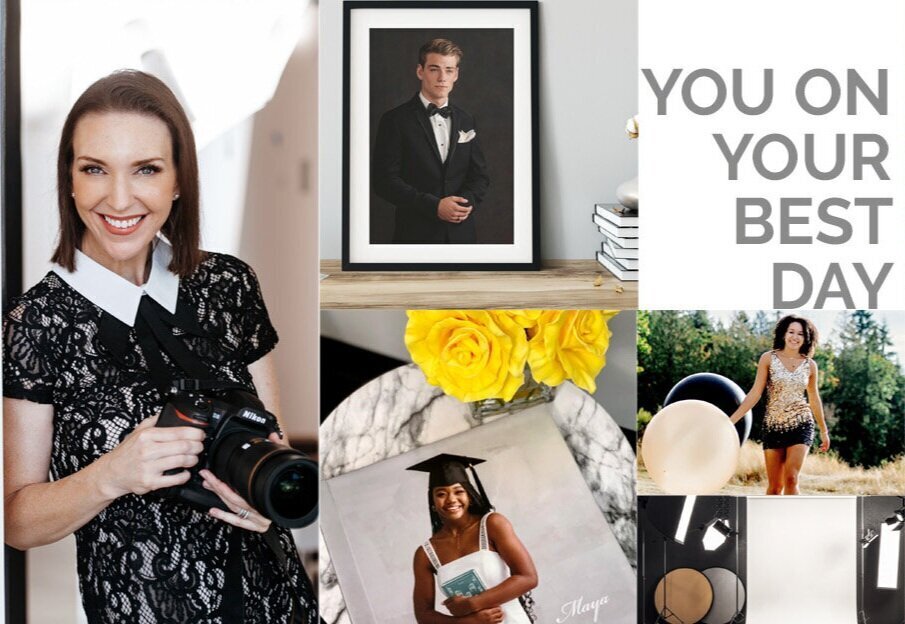 Collage of photographs including a woman smiling and holding a camera, a memorial portrait of a young man in tuxedo, text saying 'You on your best day', a woman in graduation cap and gown, a woman outdoors with balloons, and makeup products on a mirror
