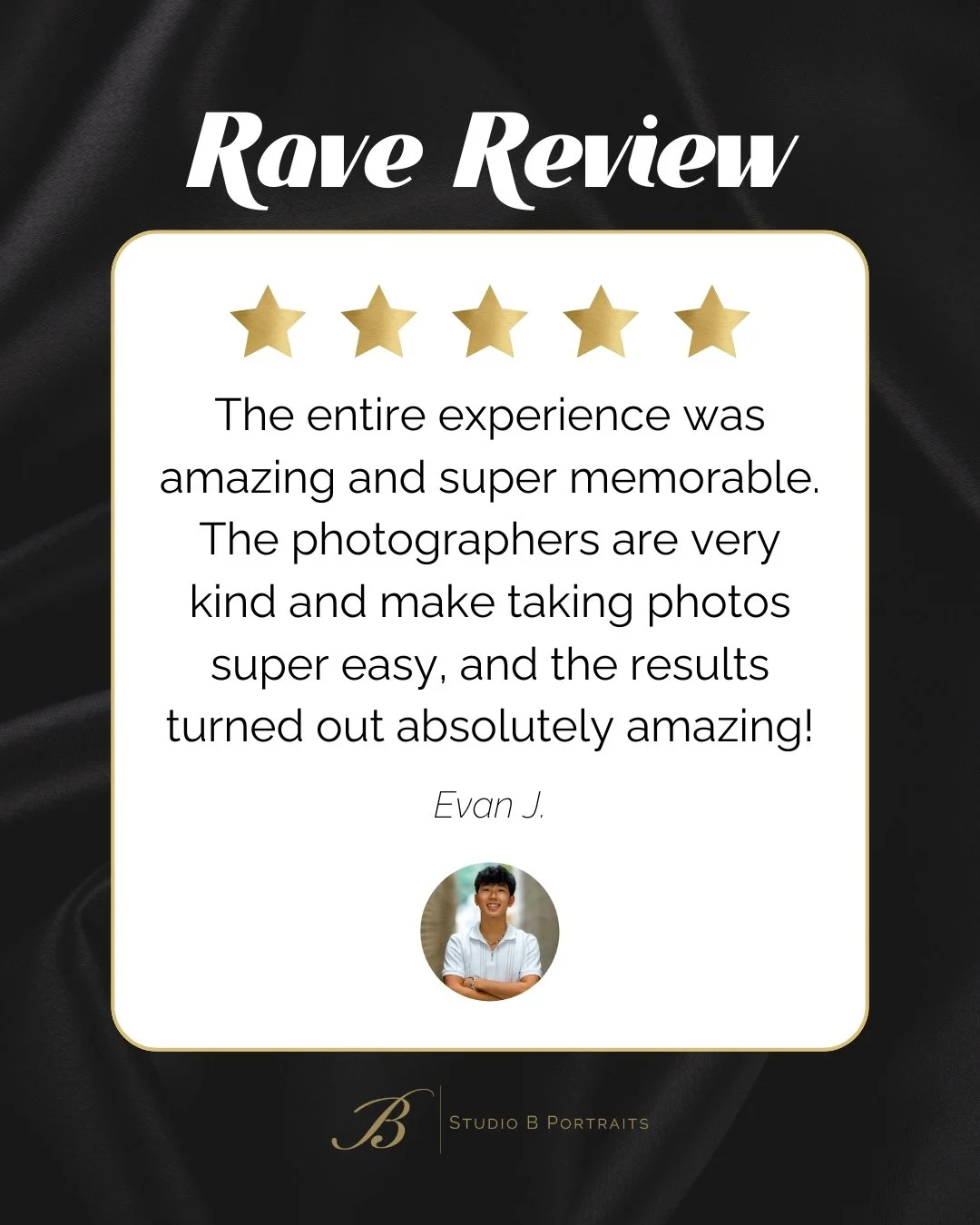 These kind words from one of THE most ambitious graduating seniors we know 👏🏼👏🏼👏🏼 Evan, we cannot wait to keep cheering you on as you take on life's next adventure! Thank you for your rave review.
#studiobseniors #studiobguys #ravereview #five