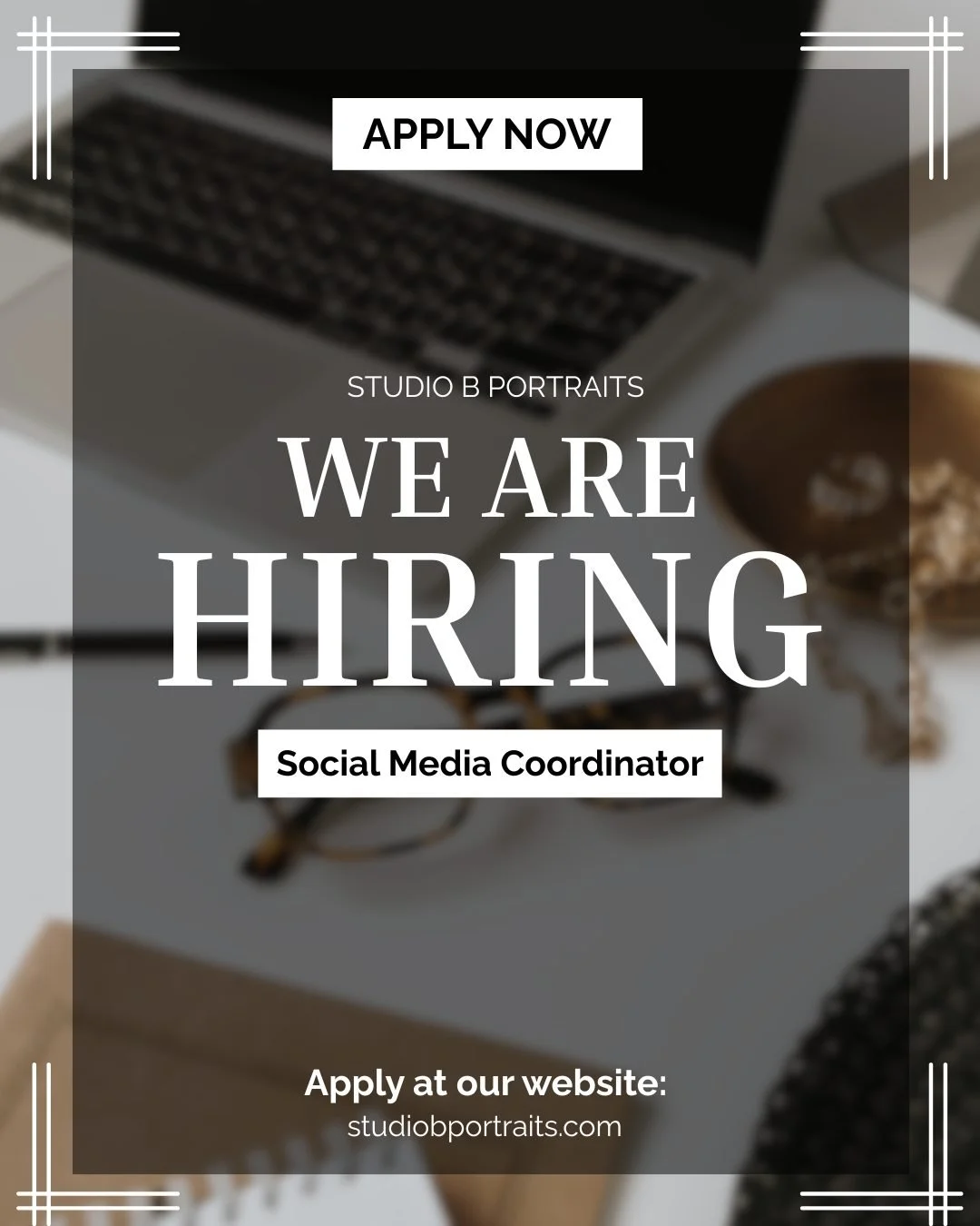 We&rsquo;re hiring ✨

Studio B Portraits is looking for a Social Media Coordinator to bring our brand to life online. If you love storytelling, creating behind the scenes content, being on camera, and turning real moments into connection, we want to 