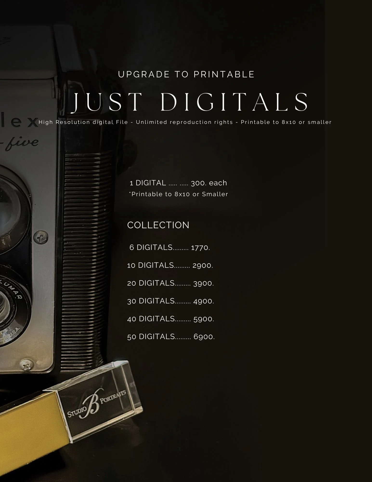 Price list for digital images with options for single, multiple, and collection packages on a black background, partially showing a vintage camera and a Studio B Portraits item.