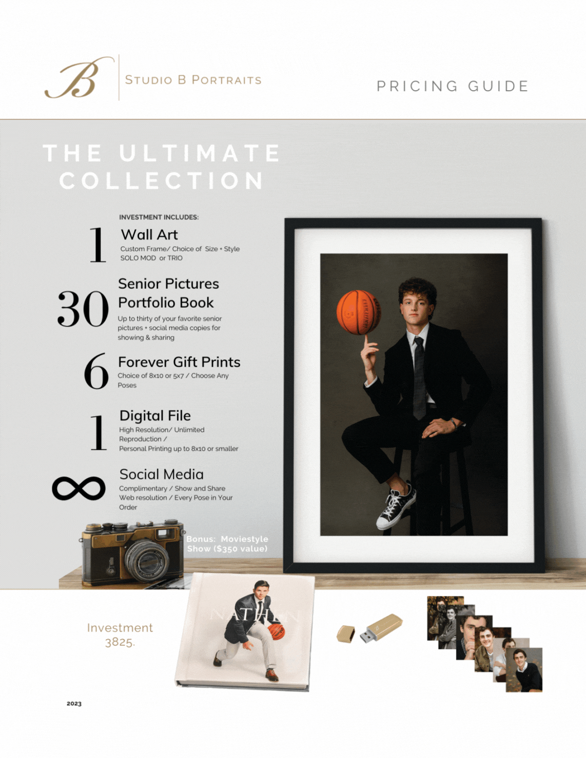 Pricing guide for Studio B Portraits featuring a model with a basketball framed in a black frame, senior pictures book, gift prints, digital file, social media package, photos, camera, and USB drive.