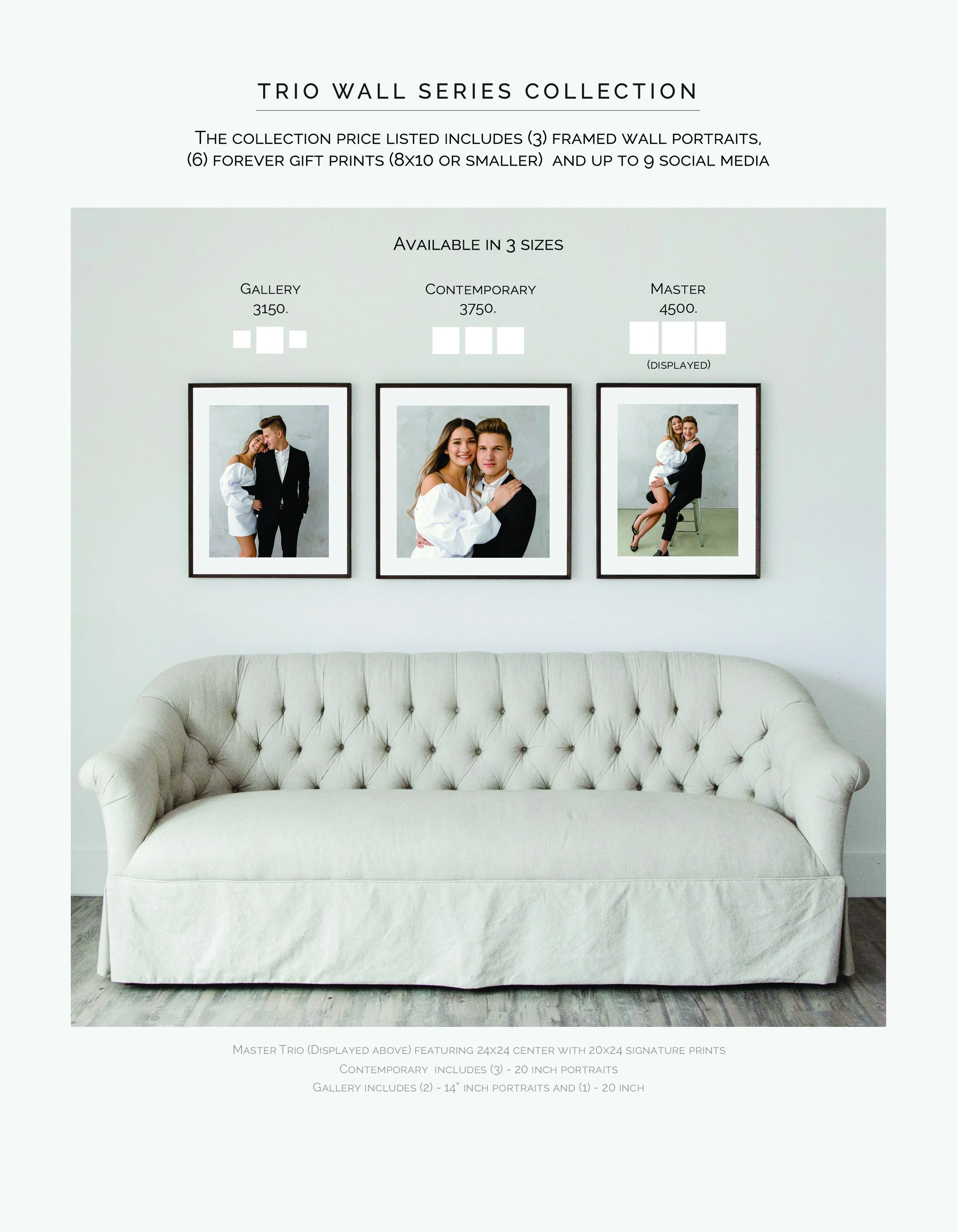 Display of three framed wall portraits hanging above a light-colored tufted sofa, with text indicating different size options and pricing for wall art collections.
