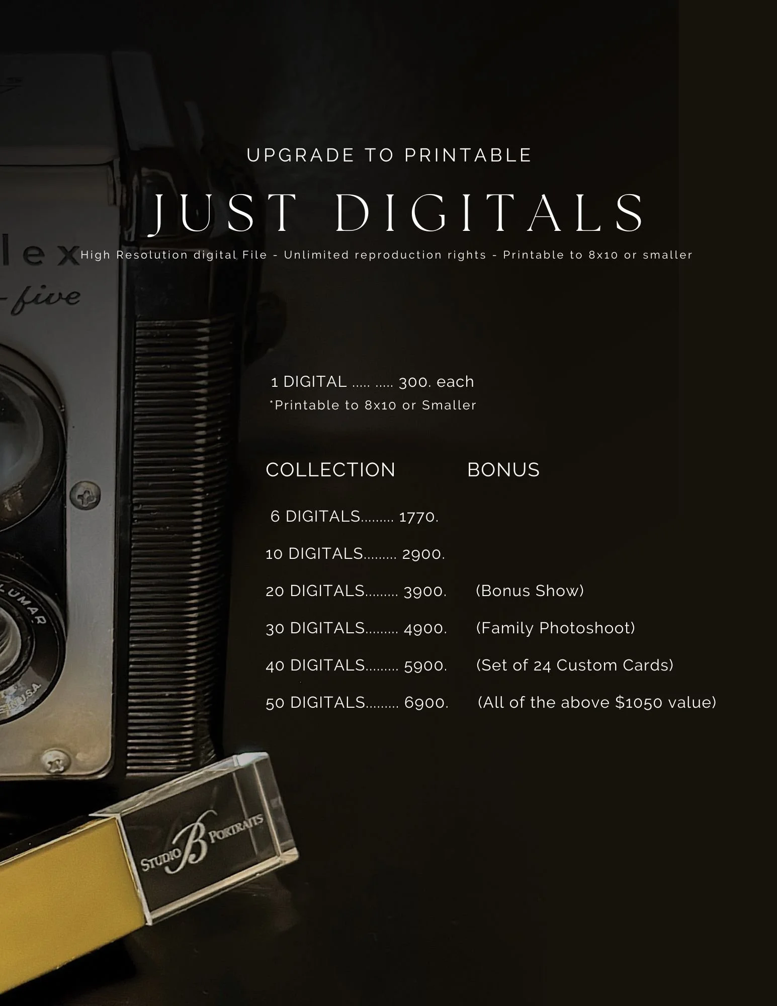 Price list for digital photo packs with options for 1, 6, 10, 20, 30, 40, and 50 digital images, including bonuses like family photos, custom cards, and a bonus show.