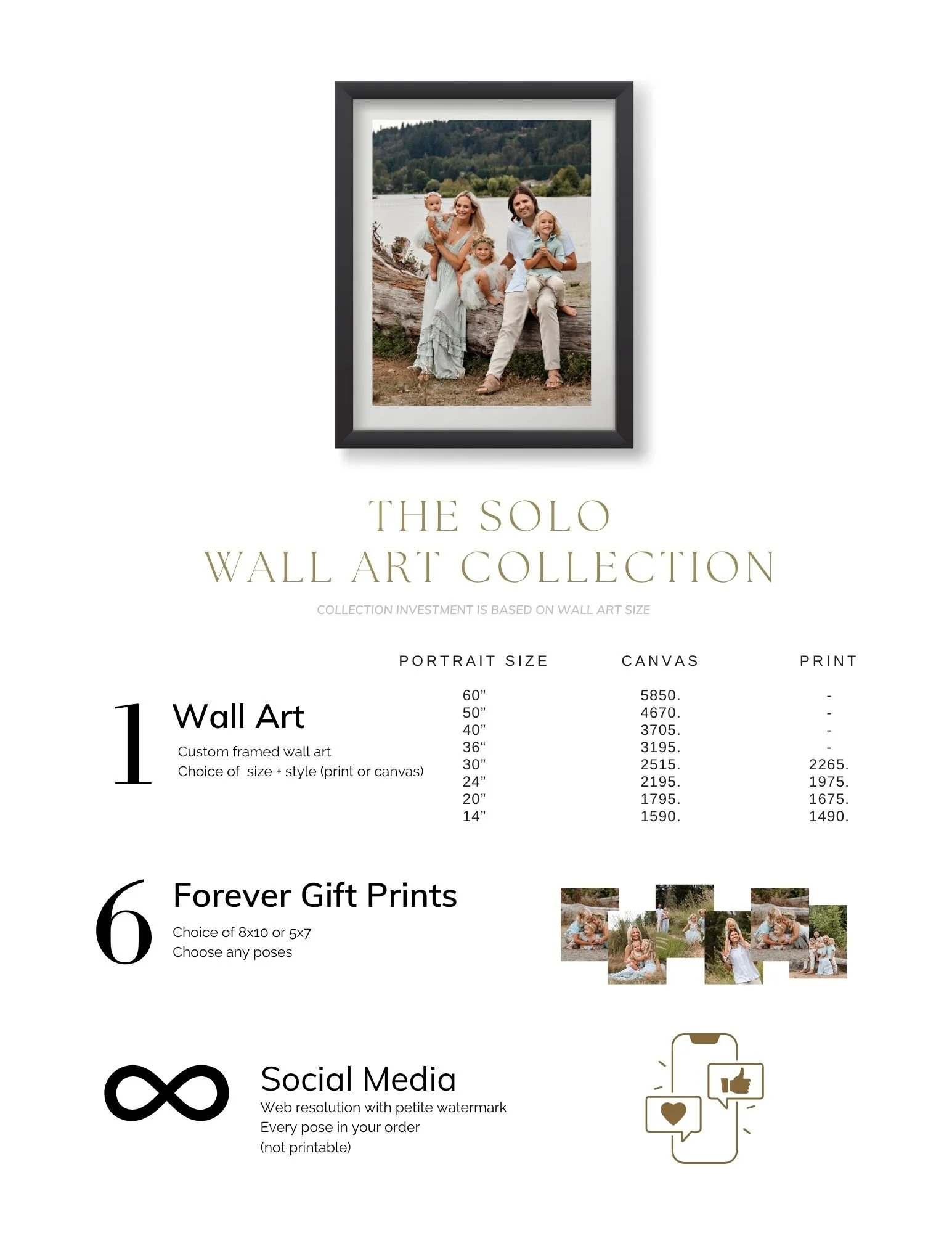 Advertisement for The Solo Wall Art Collection showing a framed family photo of a man, woman, and three children outdoors, with pricing options for various sizes, and additional options for gift prints and social media images.