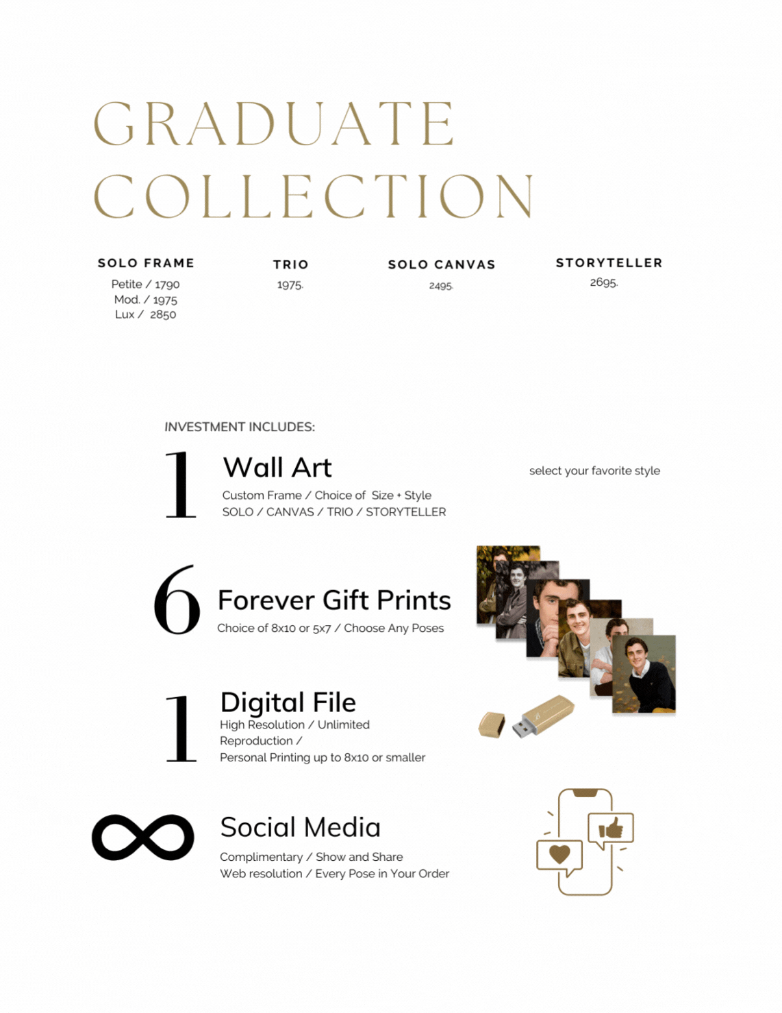 Flyer titled 'Graduate Collection' showing various art display options including Solo Frame, Trio, Solo Canvas, and Storyteller with prices, and details about investment options like wall art, gift prints, digital files, and social media sharing, wit