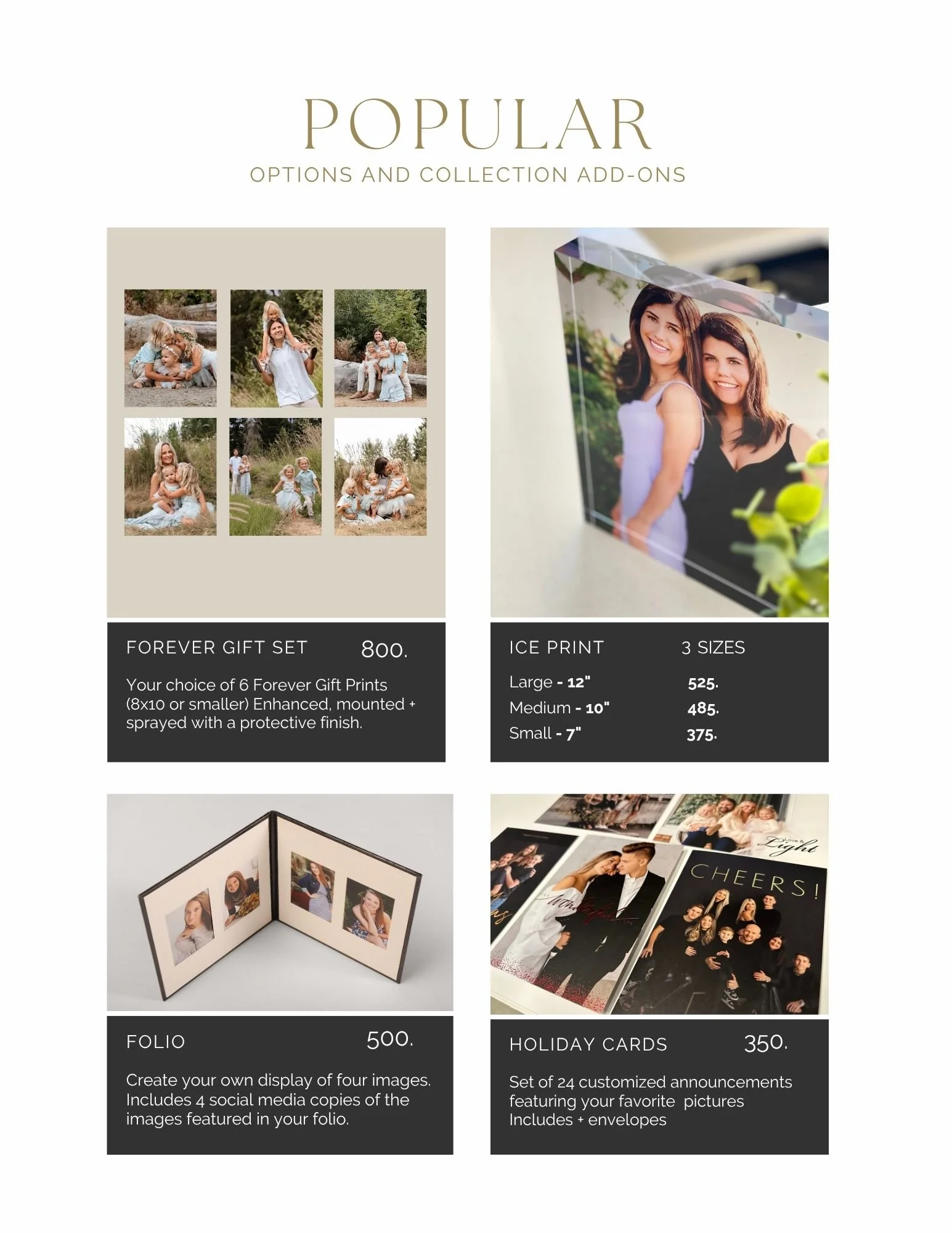A promotional flyer showcasing photography products and services including a Forever Gift Set with six framed prints, ice print options in three sizes, a display album called Folio with space for four photos, and holiday cards with 24 customized anno