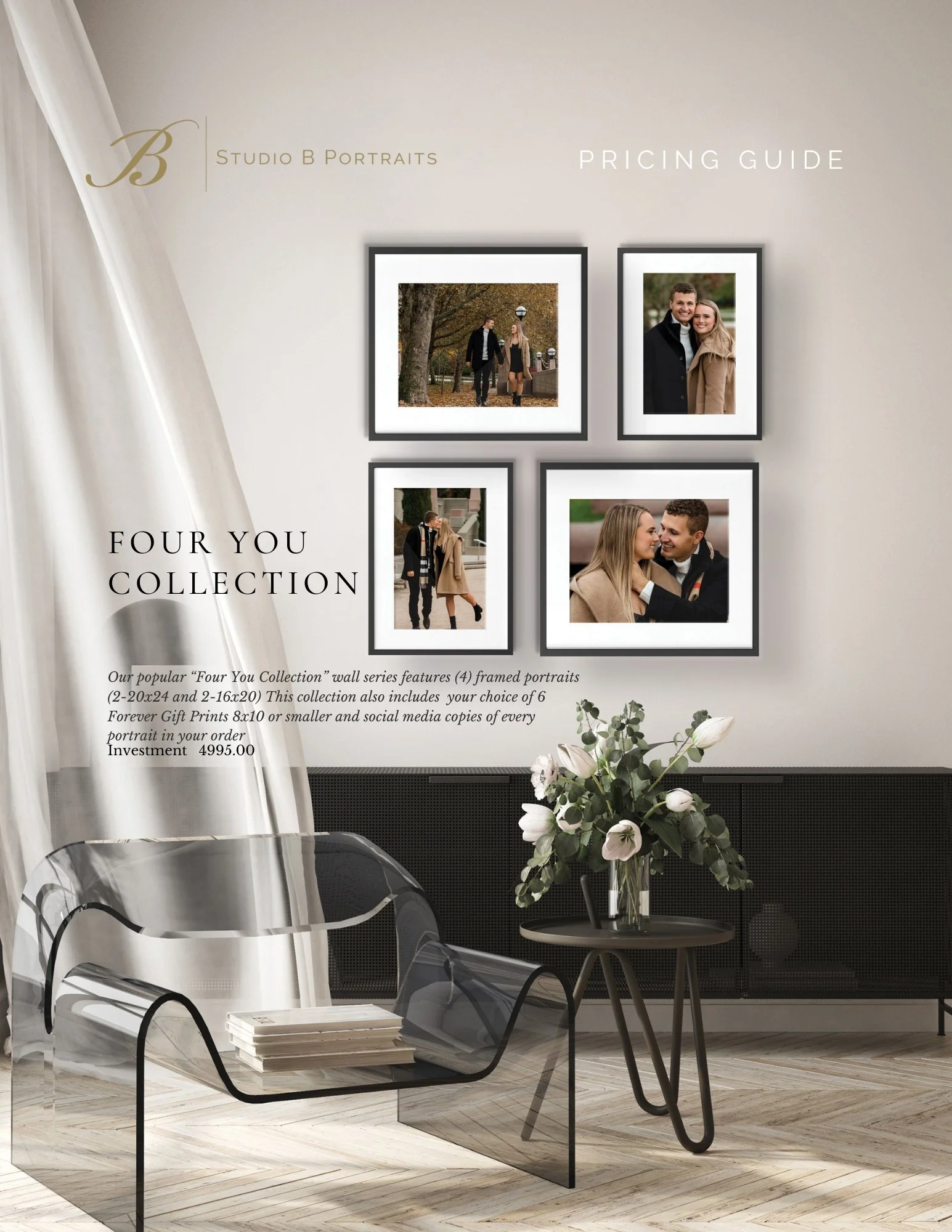Studio B Portraits pricing guide for four framed portraits, with sample photos of a smiling couple, framed in black and white. The poster description mentions a collection that includes six 8x10 or smaller social media copies and is priced at $4995.00. The background depicts a modern living room corner with a transparent chair, a side table with a vase of white flowers, and a black wall panel, with a light-colored wooden floor and sheer white curtains.