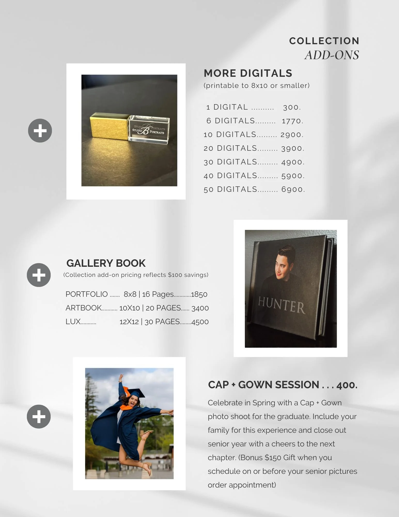 Photo of a stamp or marker, digital photo packages pricing, a graduate in cap and gown jumping for joy, and a photo album advertisement.