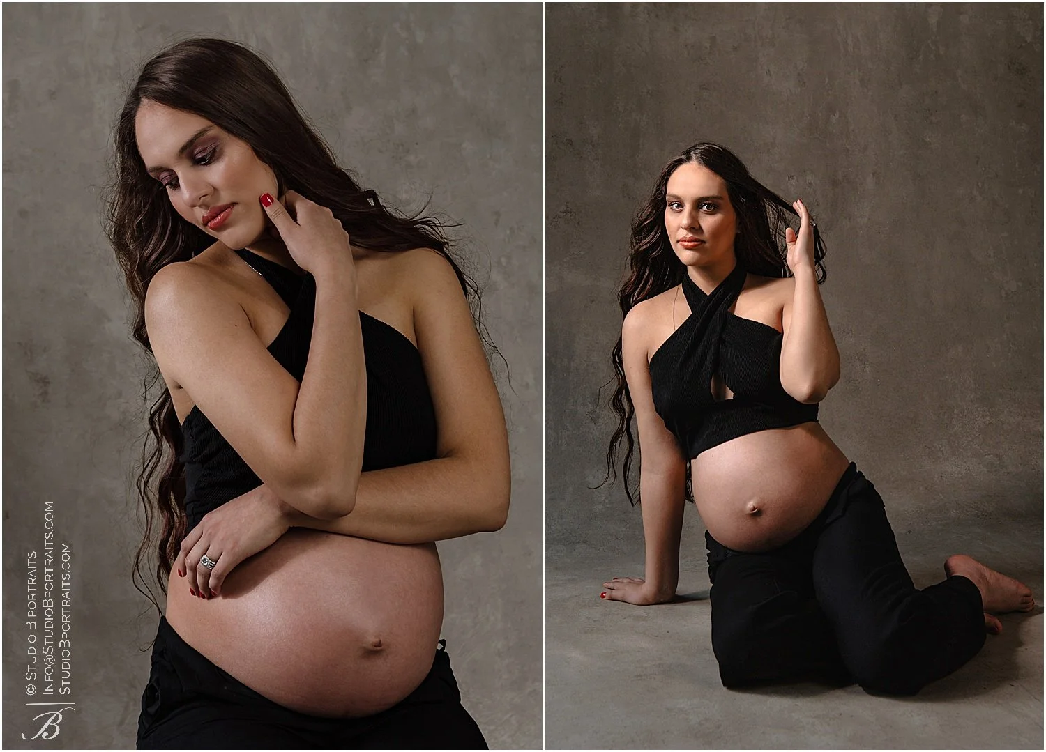 Beautiful Latina posing in studio with her chic outfit showing her pregnant belly