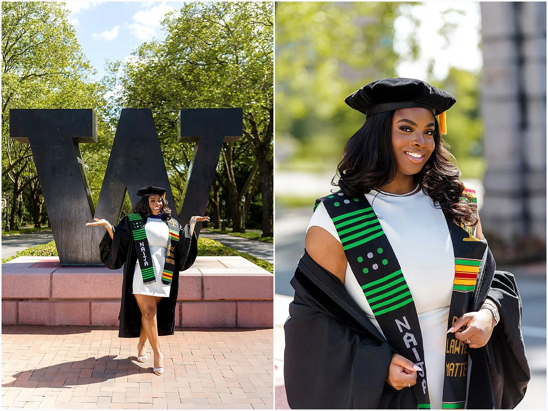 African American woman University of Washington Law School graduate on campus celebrating  by W