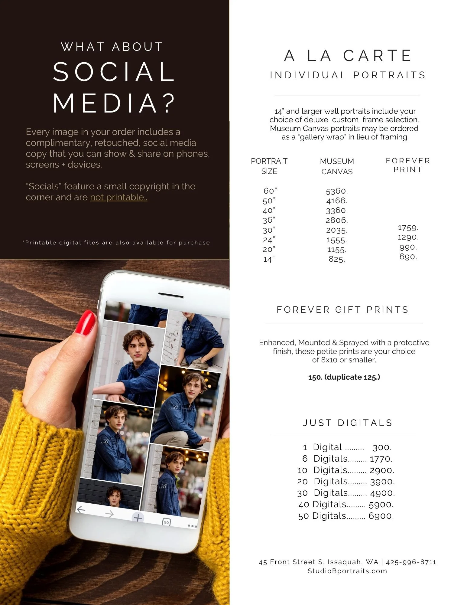 A flyer advertising social media portraits and prints, featuring a phone displaying pictures of a young man in a denim jacket. The flyer lists portrait sizes, museum canvas options, gift prints, and digital image packages, with contact details at the