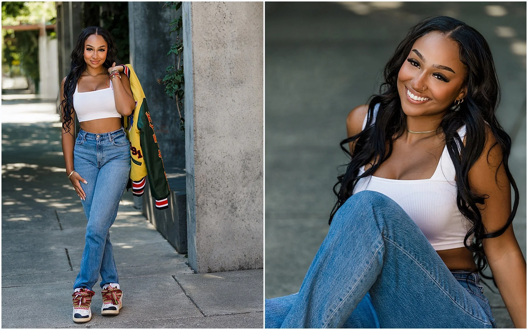 African American outdoor casual senior portraits lettermans jacket composite