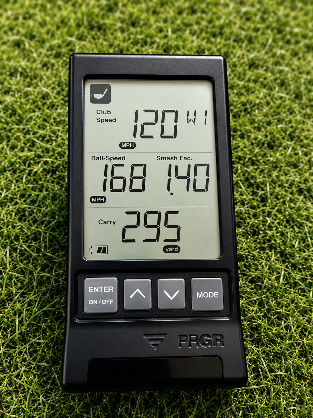 Golf swing speed testing with a PRGR launch monitor.