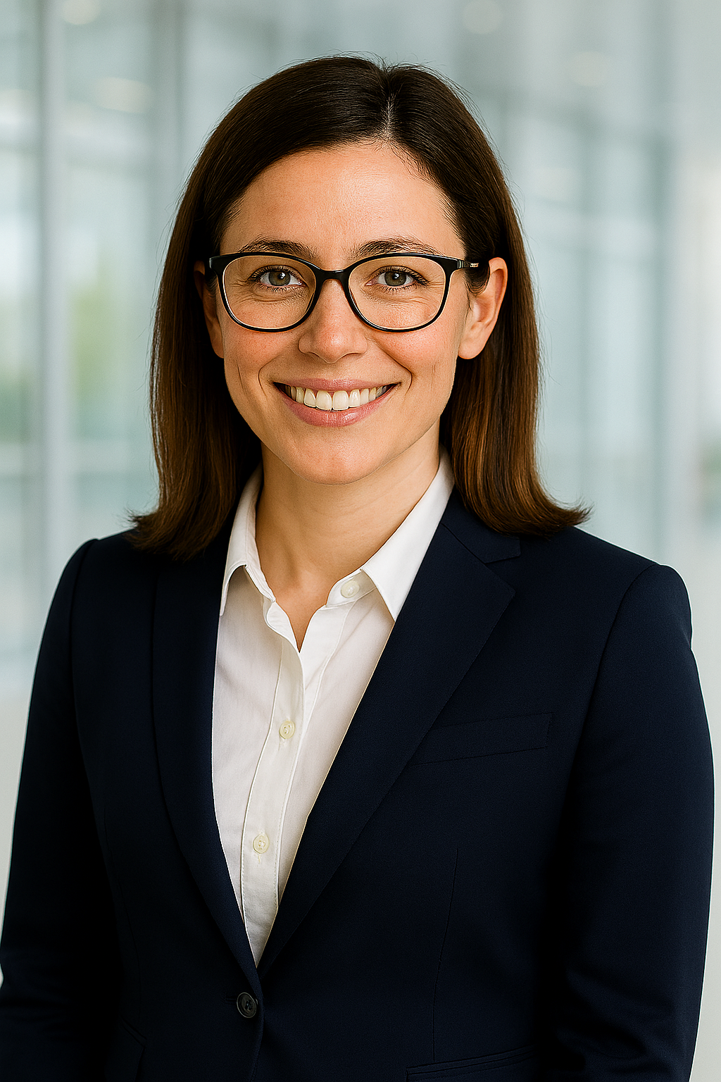 Portrait of a woman with shoulder-length brown hair, wearing glasses, a navy blazer, and a white button-up shirt, smiling in a bright office environment.