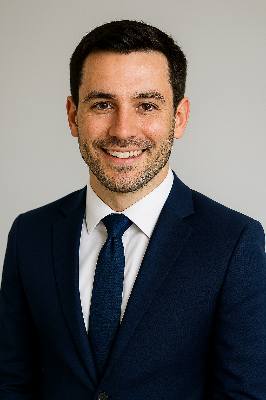 A young man smiling, wearing a navy suit and tie, against a plain light background.