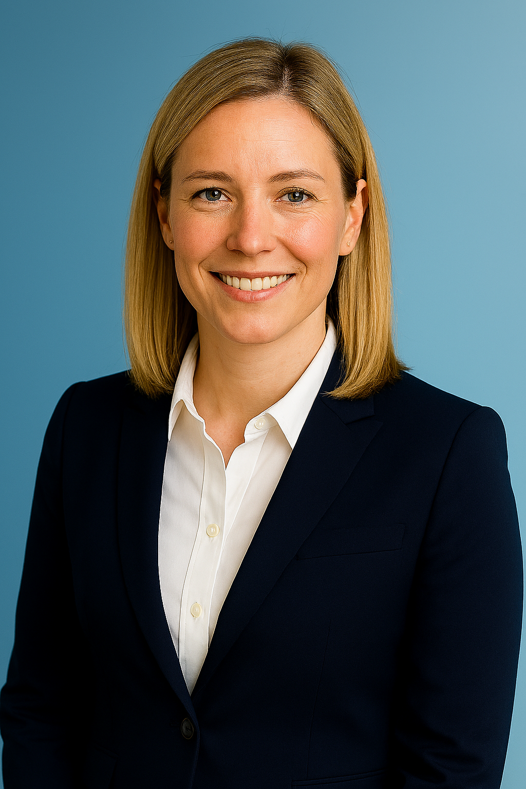 Headshot of a woman with blonde hair, wearing a white shirt and dark blazer, smiling against a blue background.