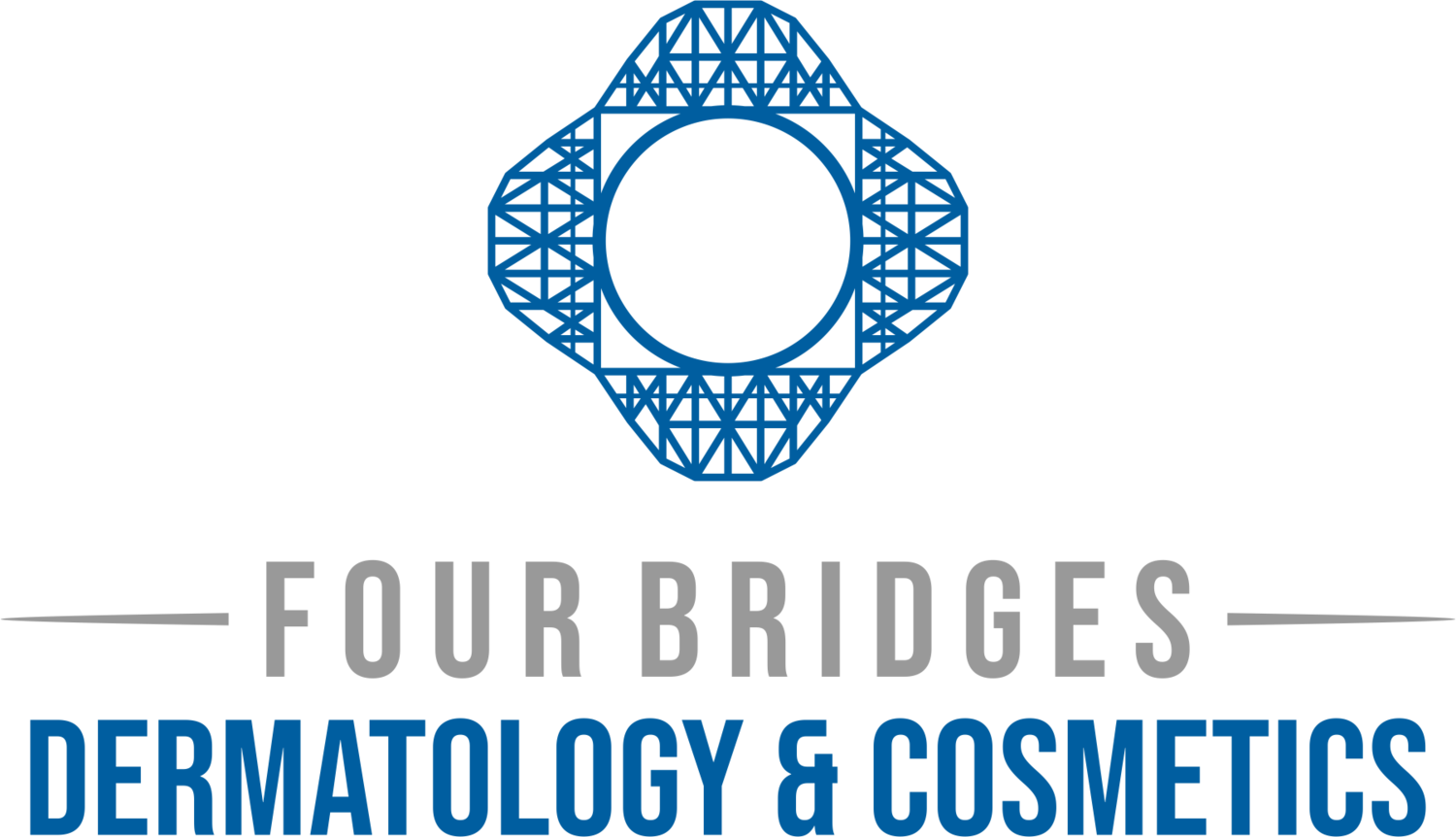 Logo with a stylized geometric blue diamond shape and the text 'Four Bridges Dermatology & Cosmetics' beneath it.