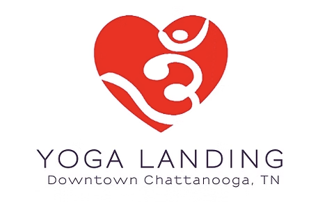 Logo with a red heart-shaped design featuring a white stylized figure in a yoga pose and the text 'YOGA LANDING' with 'Downtown Chattanooga, TN' beneath.
