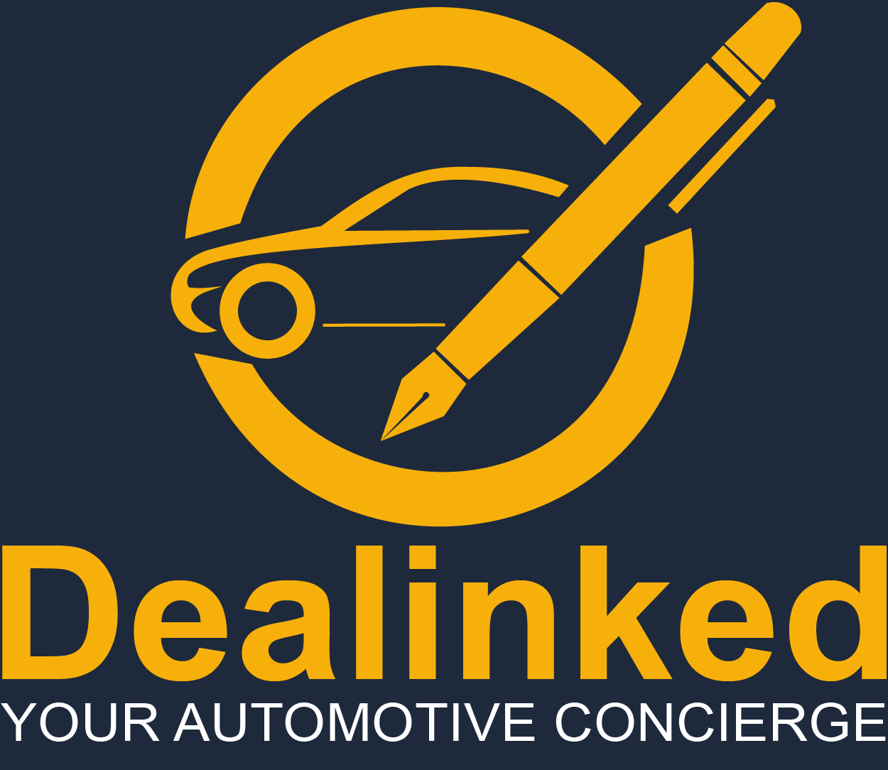 Logo for Dealinked, an automotive concierge service, featuring a stylized car, a pen, and a magnifying glass in gold on a dark background, with the text 'Dealinked' and 'Your Automotive Concierge' underneath.