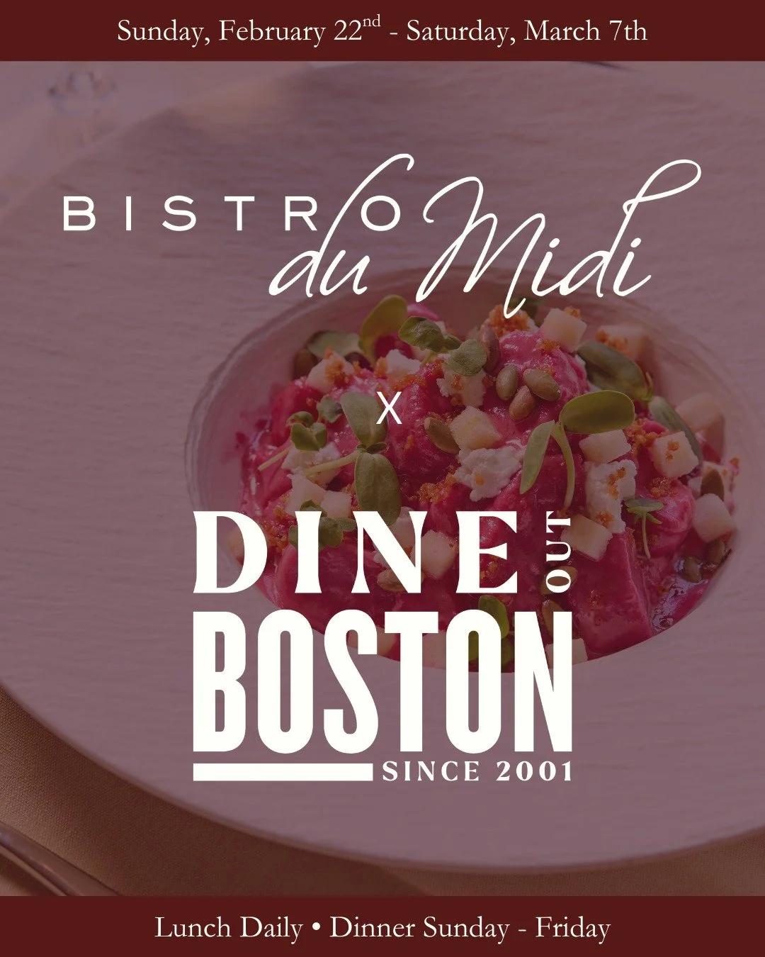 Join us February 22nd through March 7th for Meet Boston&rsquo;s @dineoutboston . We&rsquo;ll be offering a three-course lunch daily at $36 per guest and a three-course dinner Sunday through Friday at $55 per guest. We can't wait to welcome you in! 

