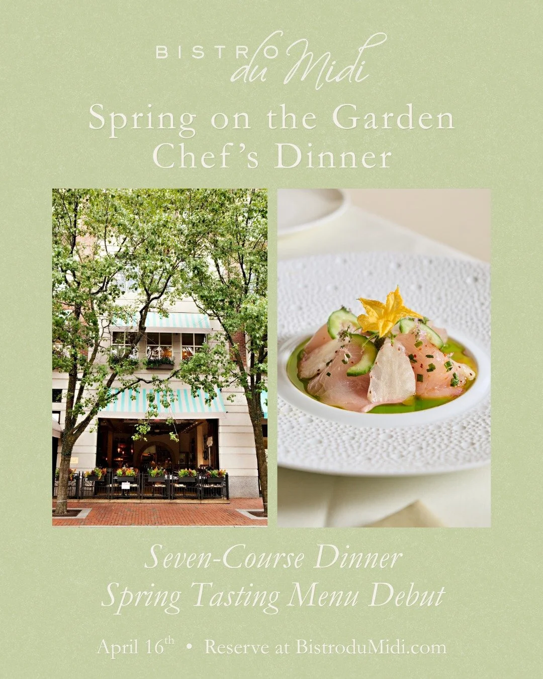 Spring Tasting Menu Debut Dinner at Bistro du Midi 
April 16th | Seven-Course Tasting Menu with Optional Wine Pairing
Join us for a special evening debuting our new spring tasting menu, hosted by Chef Robert, Executive Pastry Chef Tab Volpe, and Beve