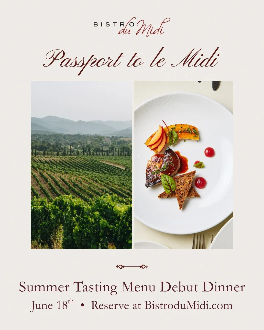 Passport to Le Midi Chef's Dinner ✨🇫🇷 June 18th

Join Chef Partner Robert Sisca, Executive Pastry Chef Tab Volpe, and Beverage Director Ben Chesna for the debut of Bistro du Midi&rsquo;s new summer tasting menu inspired by the sun-soaked flavors of