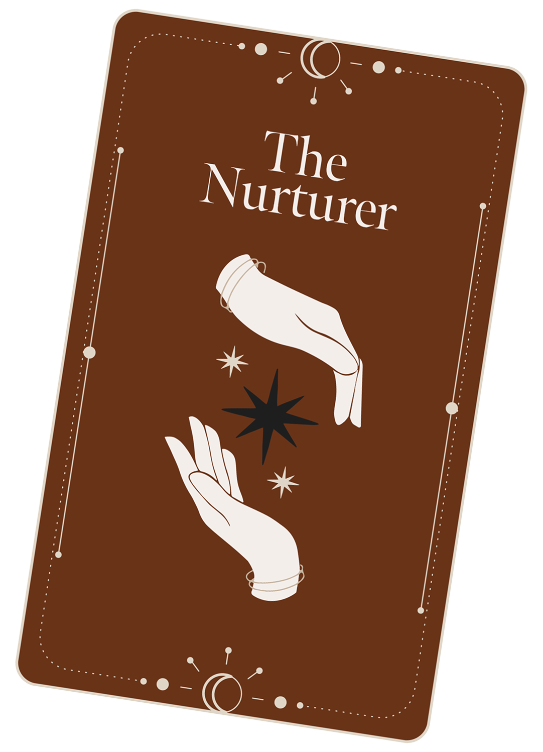 A tarot card titled "The Nurturer" with a brown background, featuring white and black illustrations of two hands, one above and one below, with stars and celestial symbols.