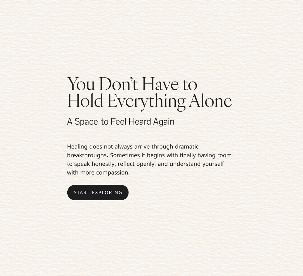 A beige textured background with centered black button labeled 'Start Exploring' and text about healing and emotional support.