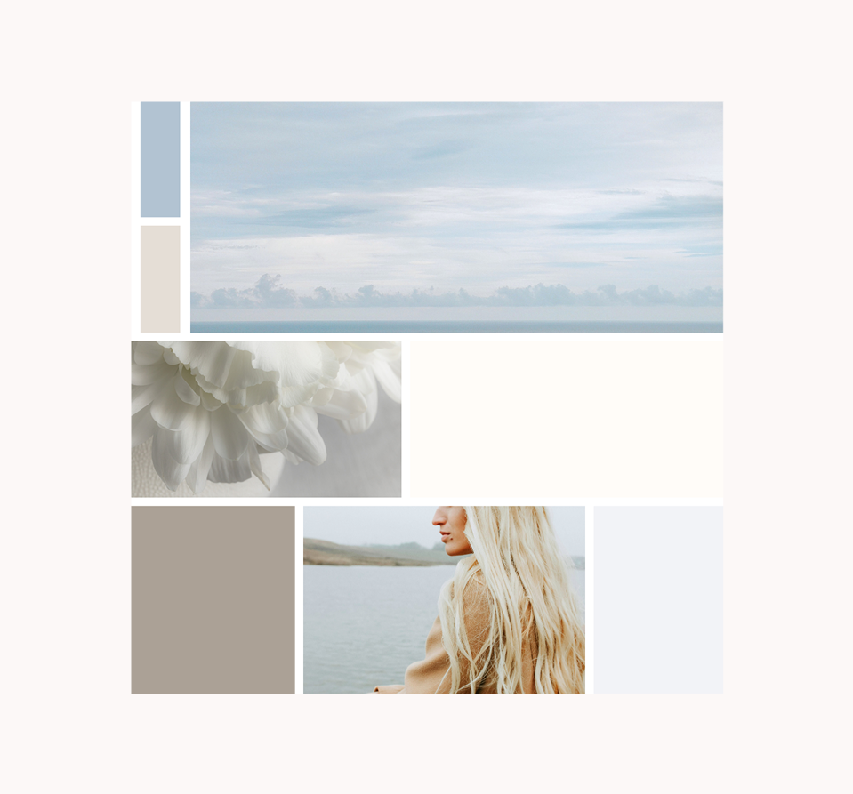 Collage of a cloudy sky, white flower close-up, woman with long blonde hair near water, neutral color blocks.