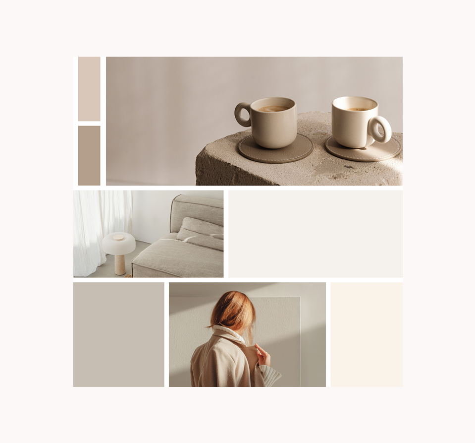 Two coffee mugs on a beige concrete surface, a modern beige sofa with a round side table in a bright minimalist room, and a person with reddish hair wearing a beige coat standing in front of a light-colored wall.