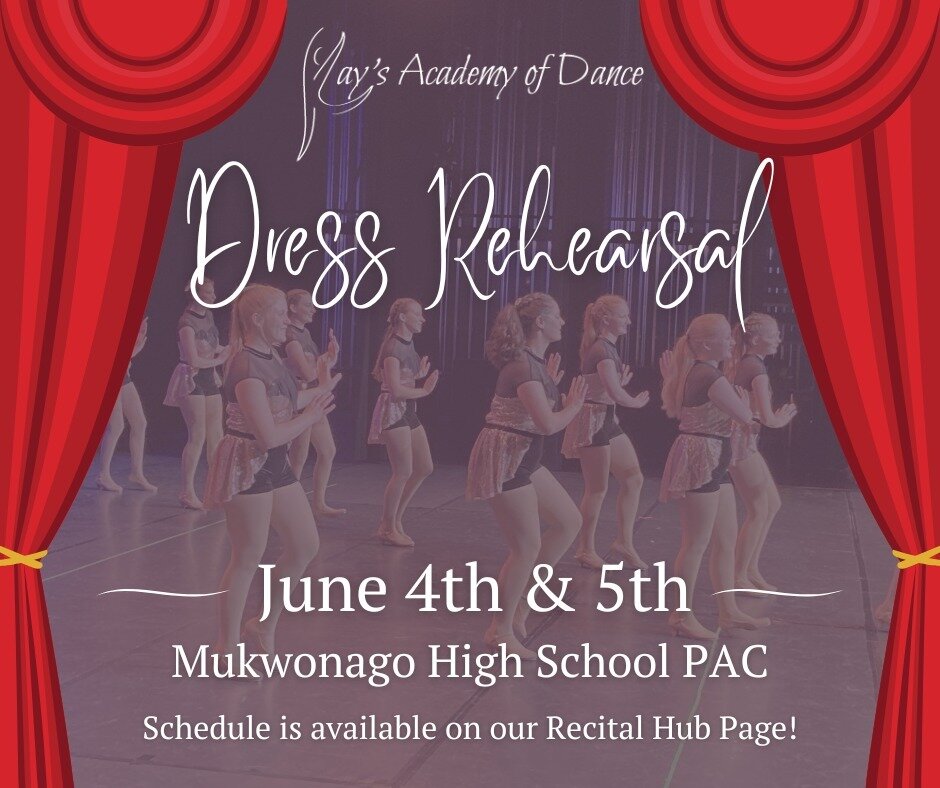 🌟Recital News🌟
Our recital dress rehearsal schedule is available to view in the recital hub on the Kay's Academy of Dance website! Dress rehearsals will be held at the Mukwonago High School Performing Arts Center on Tuesday, June 4th &amp; Wednesda