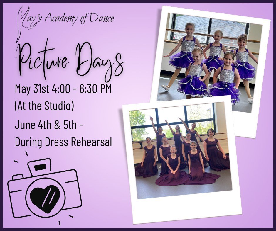 🗓️ Be sure to mark your calendars for recital picture days! On Friday, May 31st a photographer will be available for individual pictures at the studio from 4:00-6:30 PM. Call or email the studio to schedule an appointment.
📸 During your assigned re