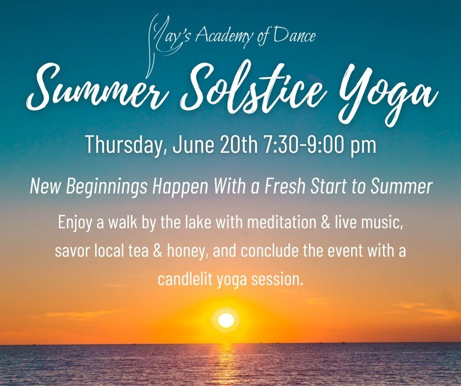 🌤️Embrace the Summer Solstice with Serenity!🌤️
🌿 Join us on Thursday, June 20th, from 7:30-9:00 pm for a Summer Solstice Yoga experience! 🌿

🌅Start the evening outside with a stroll down to the lake for sunset meditation accompanied by live musi