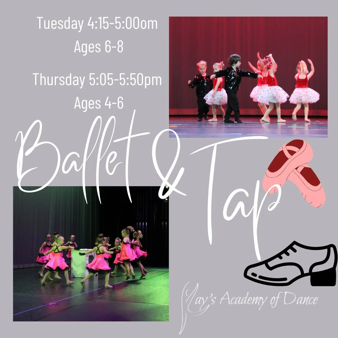 Join Kay's Academy of Dance for fun-filled Ballet &amp; Tap classes! 🩰🕺 We have classes for ages 6-8 on Tuesdays (4:15-5:00 pm) and ages 4-6 on Thursdays (5:05-5:50 pm). Come dance with us! ✨ 
Sign up here: https://loom.ly/BbEJygo
 #dance #DANCER #
