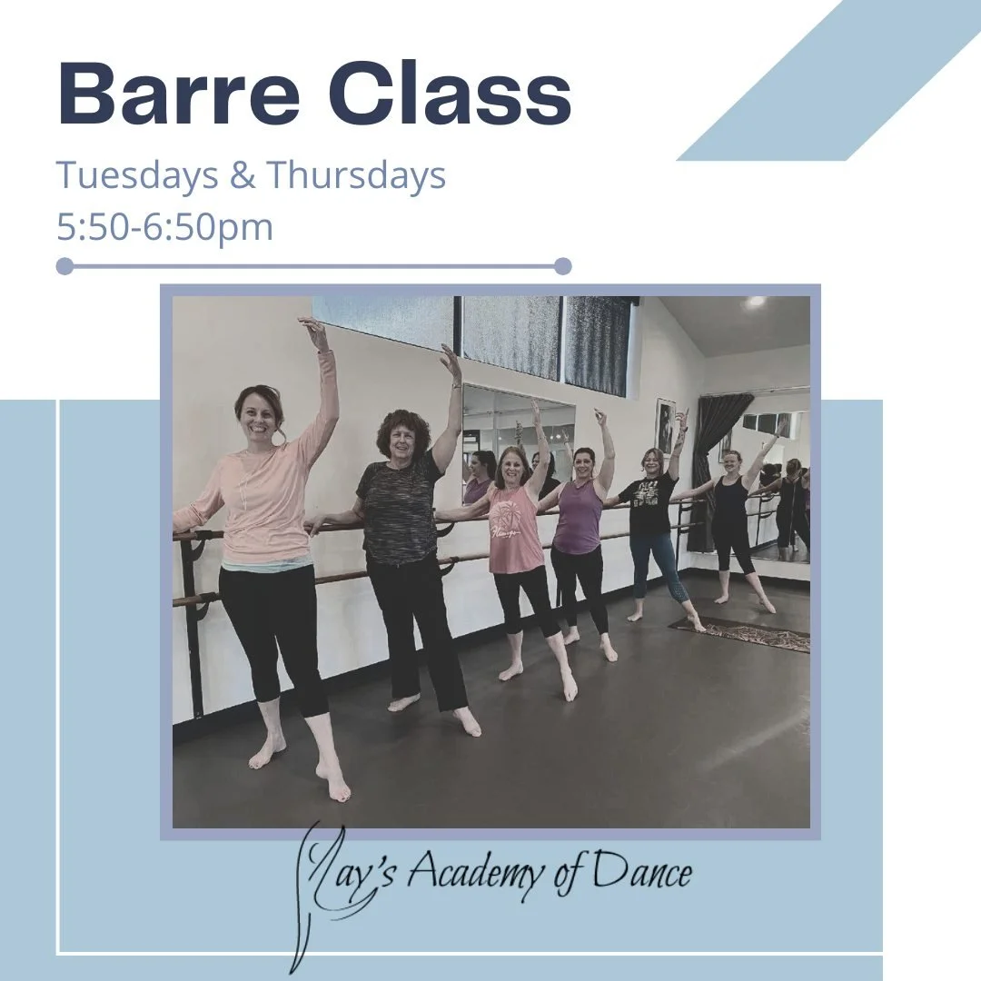 Elevate your fitness journey with Barre Class at Kay's Academy of Dance! ✨ Join us for a fun and effective workout every Tuesdays & Thursdays from 5:50-6:50pm and find your strength and grace with us!
More info on our website.
 #dance #DANCER #da
