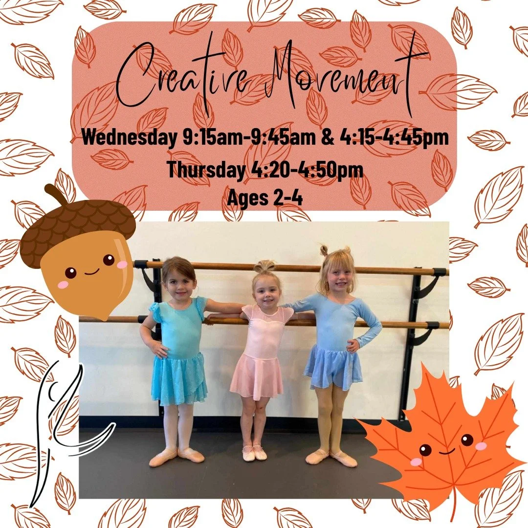 🍂 Let your little one twirl into fall with our Creative Movement class! Perfect for ages 2&ndash;4 to explore movement, music, and fun while building confidence and coordination. 💃
Register here: https://loom.ly/BbEJygo
 #dance #DANCER #dancelife #