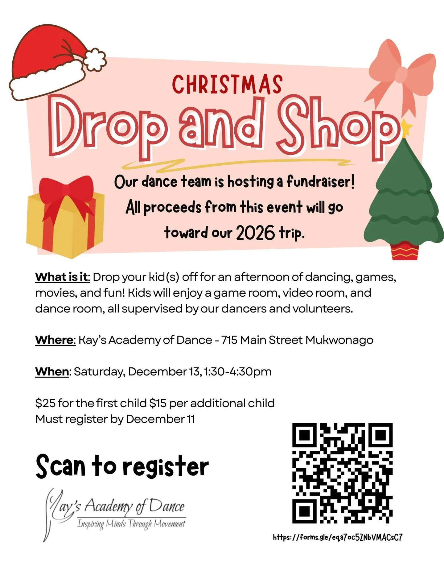 ✨Give your kids a magical afternoon today while supporting our dance team!🎅💃
Our Christmas Drop &amp; Shop offers dancing, games, movies, and holiday fun &mdash; all while you get your shopping done. Join in the festive fun today! 🎁🎄
Sign up here