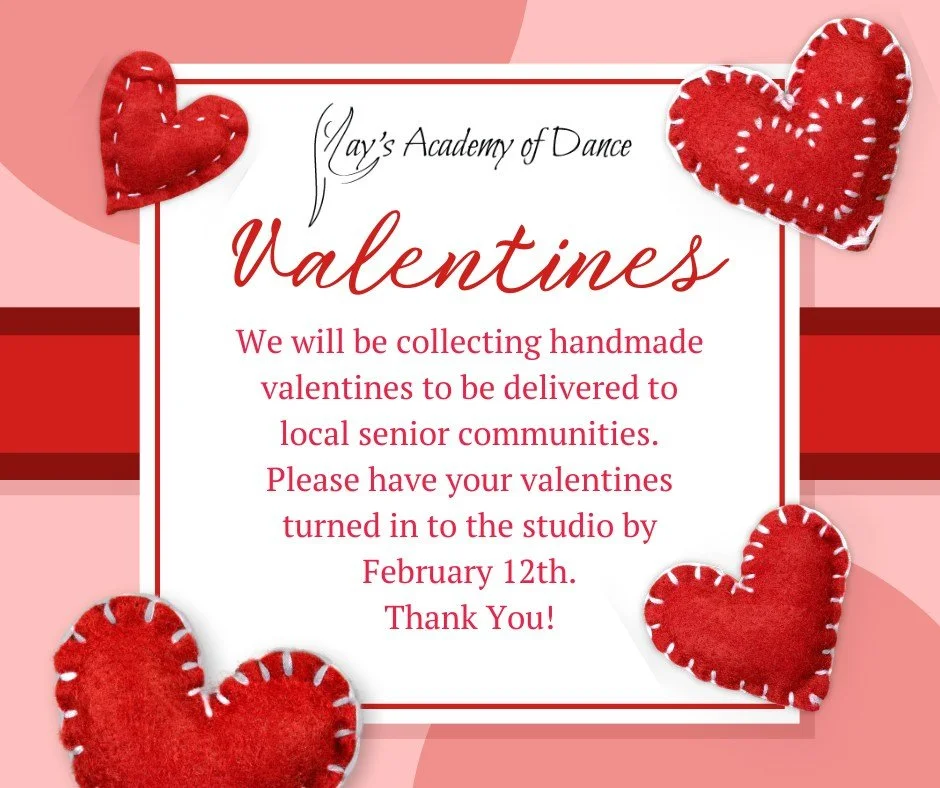 ❤️Once again, we invite you to join us in spreading love and joy to our local senior communities by creating homemade Valentines. It's a heartwarming tradition we've cherished over the years, and our dancers' participation makes it truly special.

At