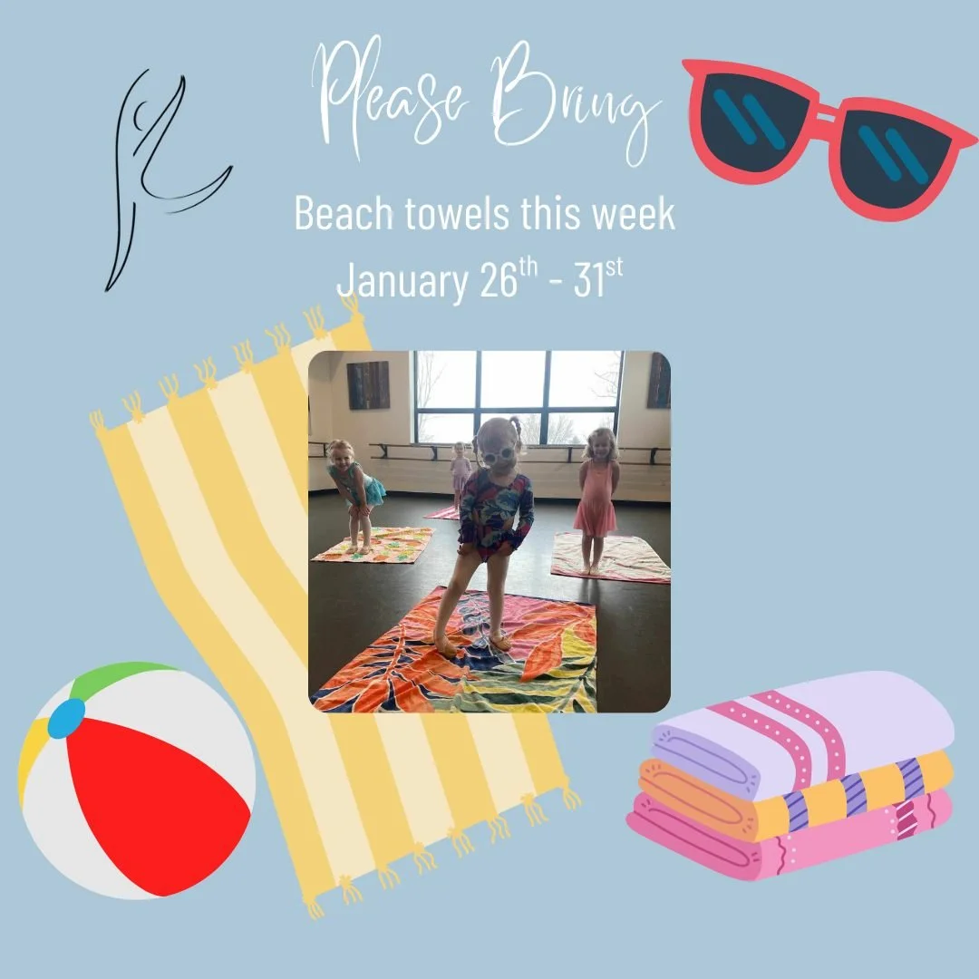 REMINDER: Dancers enrolled in Creative Movement, Ballet ages 3-5, Ballet &amp; Tap ages 4-6, ages 5-7 &amp; ages 6-8 should bring a 🏖️beach towel to class this week  and a medium sized 🧸stuffed animal to class the week of next week.  #dance #DANCER