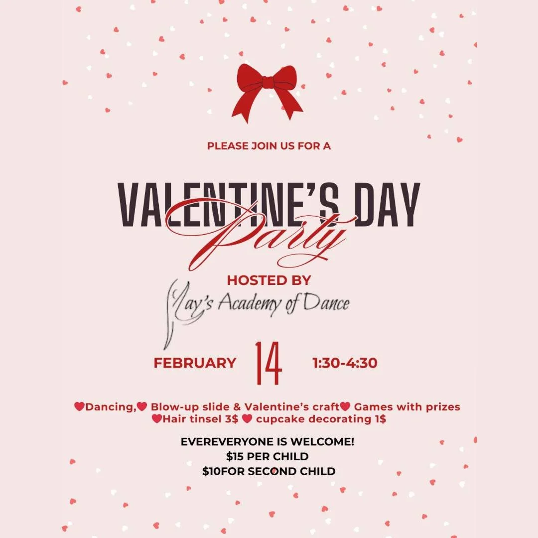 💕 Valentine&rsquo;s Day Party at Kay&rsquo;s Academy of Dance 💕
Bring the kids to dance, play, and celebrate Valentine&rsquo;s Day with us on February 14 from 1:30&ndash;4:30!
We&rsquo;ll have 3 rooms of fun including:
💗 Dancing with our Dancers i