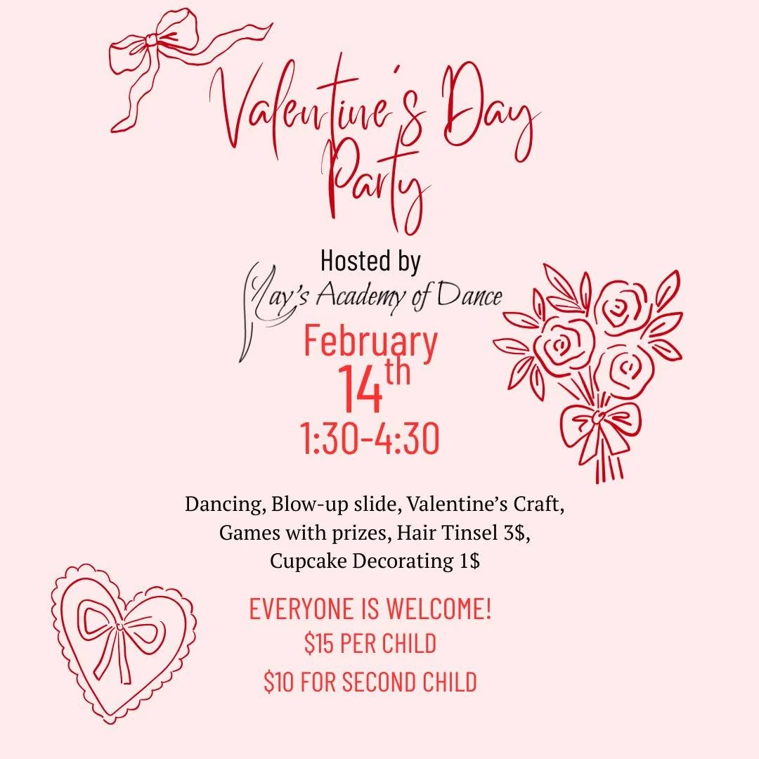💕 Valentine&rsquo;s Day Party at Kay&rsquo;s Academy of Dance 💕
Bring the kids to dance, play, and celebrate Valentine&rsquo;s Day with us on February 14 from 1:30&ndash;4:30!
We&rsquo;ll have 3 rooms of fun including:
💗 Dancing with our Dancers i