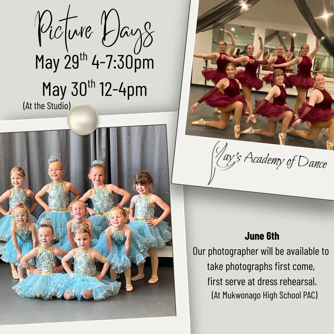 🗓️ Be sure to mark your calendars for recital picture days! On May 29th 4-7:30pm and May 30th 12-4pm a photographer will be available for individual pictures at the studio. Call or email the studio to make an appointment.
📸 During your assigned reh