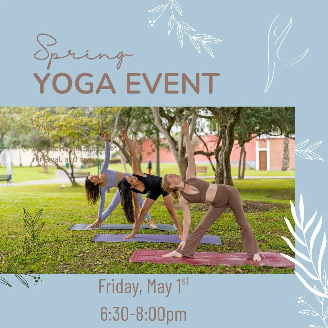 🌿 Spring Yoga Night 🌿
Friday, May 1st | $30
✨ Evening Mindfulness Retreat ✨
6:30&ndash;8:00 PM
Take an evening just for you to relax, reset, and recharge your body and mind.
We&rsquo;ll begin with guided journaling (journals provided), followed by 