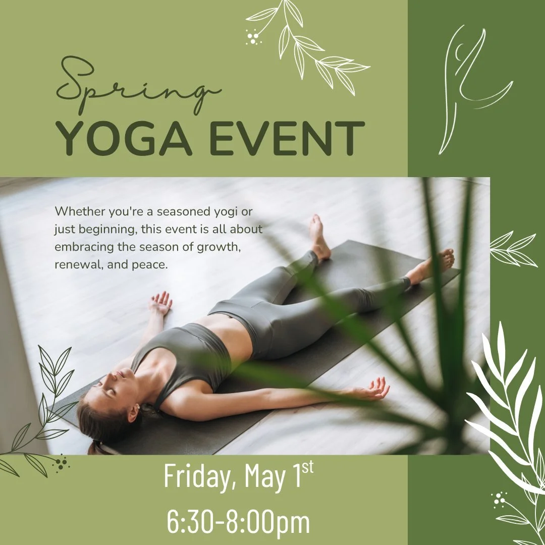 🌿 Spring Yoga Night 🌿
Friday, May 1st | $30
✨ Evening Mindfulness Retreat ✨
6:30&ndash;8:00 PM
Take an evening just for you to relax, reset, and recharge your body and mind.
We&rsquo;ll begin with guided journaling (journals provided), followed by 