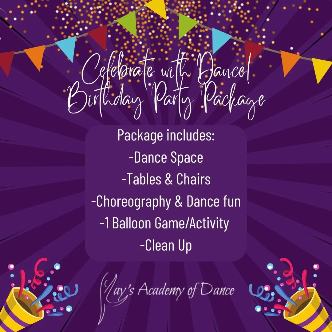 🎂Turn your birthday into a dance party at Kay's Academy of Dance! 💃✨ Our birthday package includes a dance space, tables &amp; chairs, fun choreography, a balloon game and cleanup! 🎈 
🎉Book your party today! https://loom.ly/AX5i_bo
#birthdayfun #
